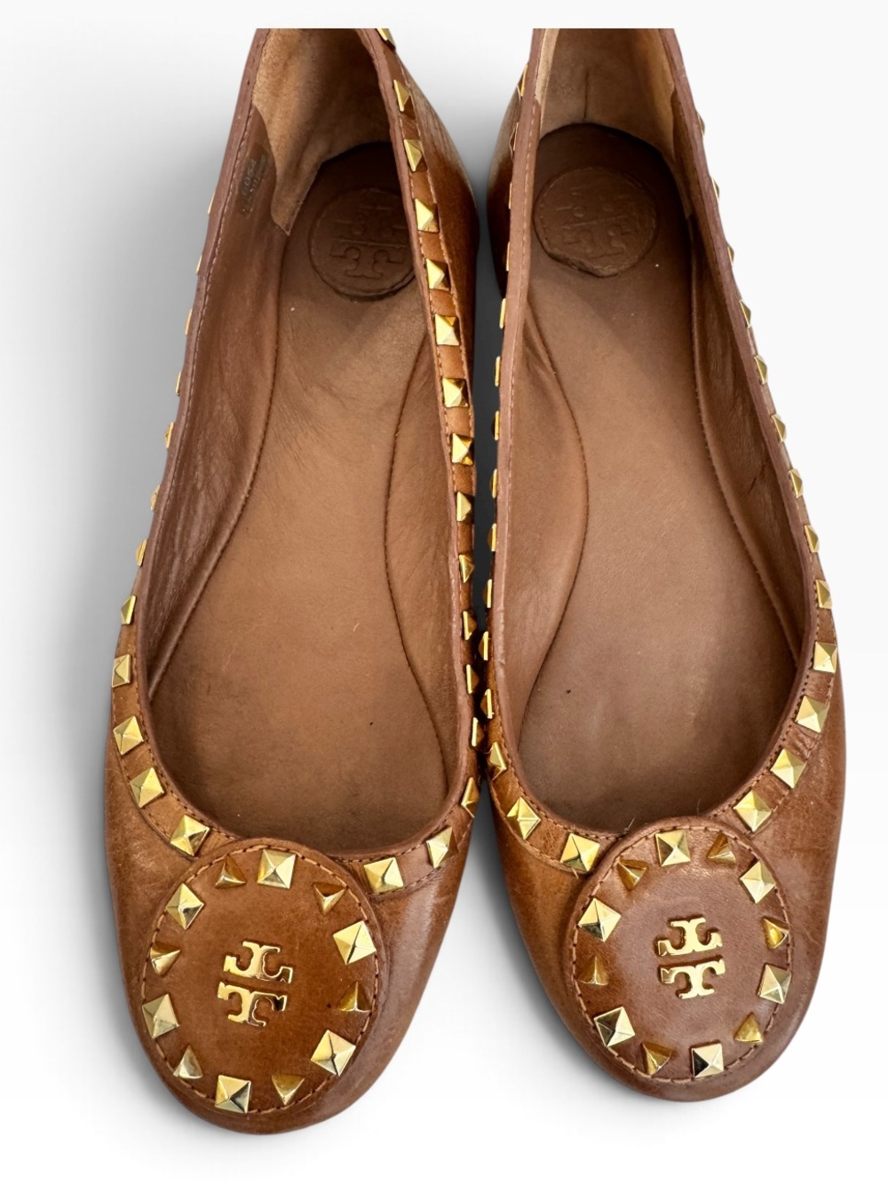 Tory Burch Brown Leather Studded Logo Ballet Flats with Gold Accents